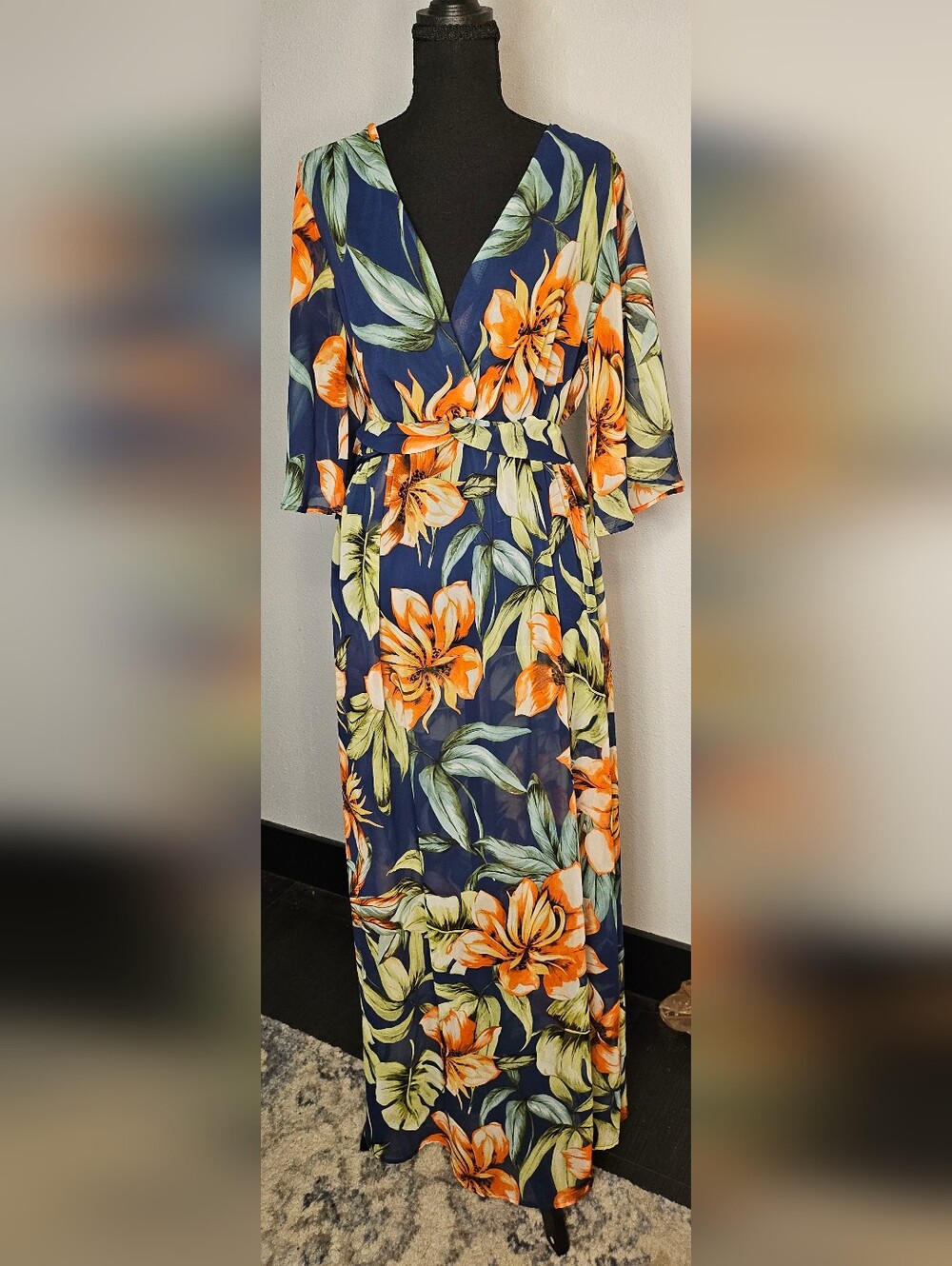 Navy Floral Wrap Maxi Dress with Orange Blooms
